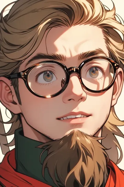 [32k, 8k, very detailed image, masterpiece], young man, naturally handsome, 23 years old, medium-length blond hair, light brown eyes, large round glasses, [looking fixedly at the viewer], shaved beard, adventurous colored clothing olive, guild background, ...