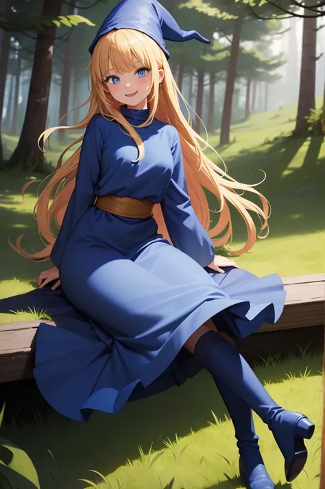 masterpiece, taller than,Very detailed, Absurd, Witch P123,One girl,  alone, Blonde, Long Hair,  blue eyes, Blue Boots, Blue clothes, Long sleeve,Have,in the forest,  ojou-sama pose,smile,Open your mouth,