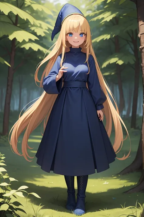 masterpiece, taller than,Very detailed, Absurd, Witch P123,One girl,  alone, Blonde, Long Hair,  blue eyes, Blue Boots, Blue clothes, Long sleeve,Have,in the forest,  ojou-sama pose,smile,Open your mouth,