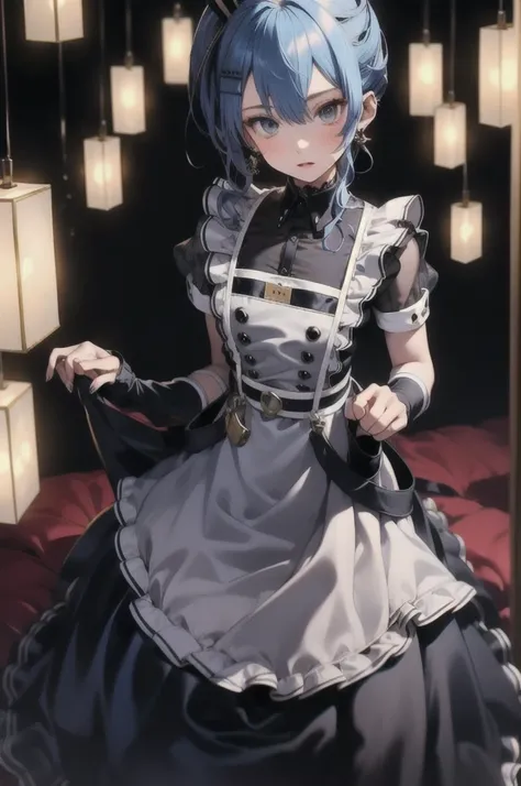 One girl, alone, Detailed face, , , Water maid, Long Hair, Single Blade, black nurse cap, Double-breasted grey apron, Chest belt, Elbow hand pockets, crinoline, Black Pantyhose,,,indoor,Are standing,The audience watching,Side Ponytail,Small breasts