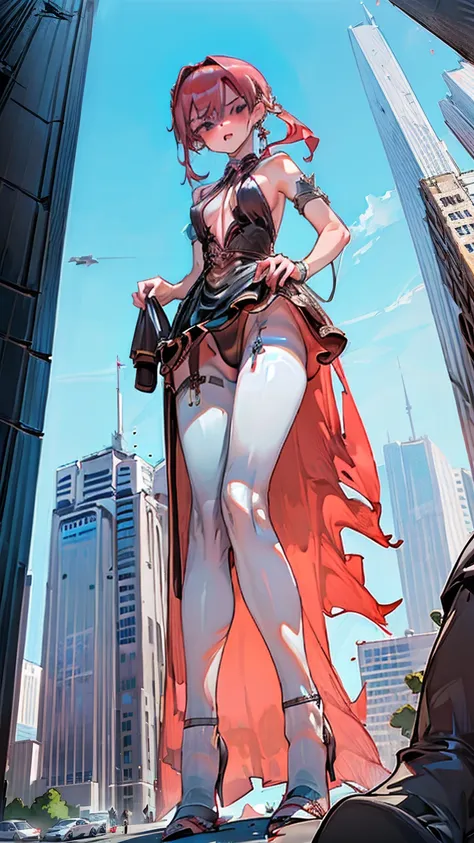 sexy giantess with very hot dress, red hair, and blue eyes walks with her long hot legs, destroying the whole city in her path. ...