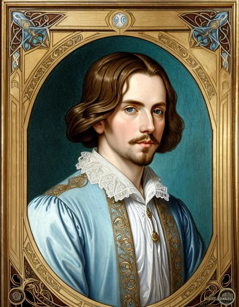 Portrait of Christopher Marlowe, extremely detailed face, white skin, piercing icy blue eyes, silky golden-brown hair, refined features, charp jawline, clean shaved, black Elizabethan velvet jerkin, white laced shirt, Art Nouveau style, Mucha style, Mucha ...