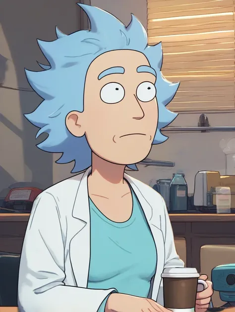 score_9,score_8_up,score_7_up,score_6_up,score_5_up,score_4_up, rick sanchez, messy blue hair, lab coat, blue t-shirt, dynamic p...