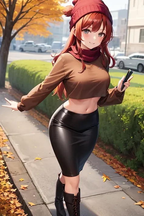 1girl, woman, brown long sleeved shirt, crop top, tight midi pencil skirt black, long length pencil skirt, long red hair, looking at viewer, full body, walking, smile, blush, boots, garden, fall, leaves, beanie, red scarf