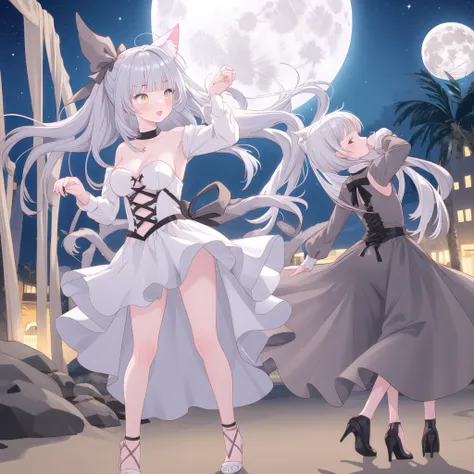 Silver-haired cat-eared girl, Young Girl, Full moon night, Sandy beach at night, Fun dance, Hair dancing in the wind, Full moon shining in the night sky, Beautiful starry sky, The girl&#39;s dress flutters in the wind, Urban Background, Romantic atmosphere...