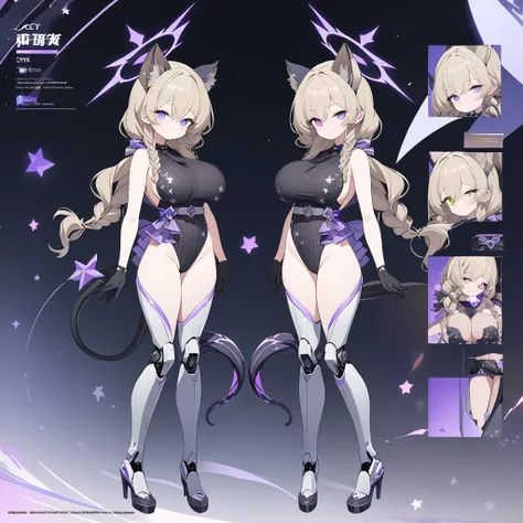 1 tall girl, long dark blonde hair, slim build, wavy hair with knee length curls, small face, sectoral heterochromia (one gray eye and one light purple eye), star ribbon on the right side of the hair, She has a short double braid on the left and right side...