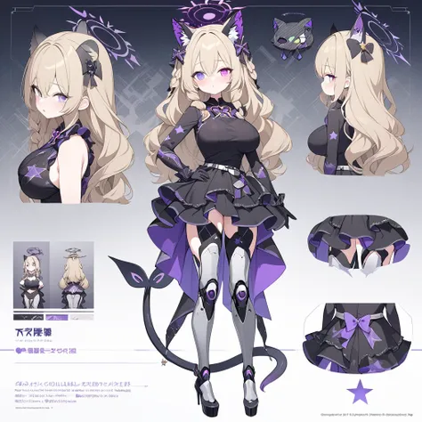 1 tall girl, long dark blonde hair, slim build, wavy hair with knee length curls, small face, sectoral heterochromia (one gray eye and one light purple eye), star ribbon on the right side of the hair, She has a short double braid on the left and right side...