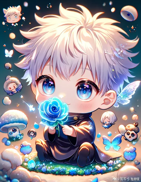 absurdres, highres, ultra detailed, HDR, master piece, best quality, extremely detailed, Gojou Satoru chibi, white hair, expressive blue eyes, white eyelashes, Jujutsu Kaisen, cute blue mushroom with face, cute, small, solo, magical, fantasy, magic, blue f...