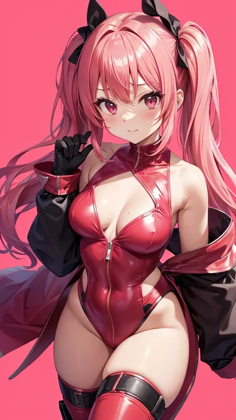 Erotic、Shihodo Narika、Pink Hair、Twin tails up to the shoulders、No sleeve、Shoulder、Red rubber suit、Red Leotard、Super Subaru Flash Ninja Haruka、Ninja costume unbuttoned、Pink Background、Bedroom、Chuckle、Black Belt