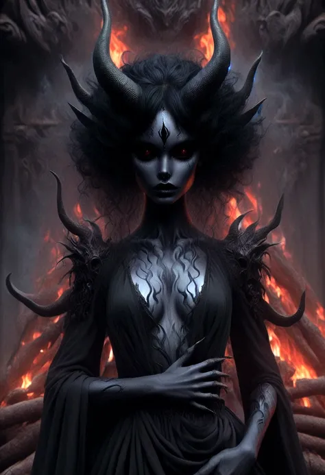 a woman with black hair and red eyes standing in front of a fire, beautiful elegant demon queen, dark fantasy style art, dark goddess with six arms, in style of dark fantasy art, goddess of the underworld, dark fantasy art, woman made of black flames, fant...