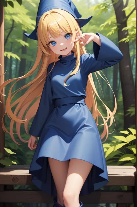 masterpiece, taller than,Very detailed, Absurd, witch, 8-year-old, girl,  alone, Blonde, Long Hair,  blue eyes, Blue Boots, Blue clothes, Long sleeve,Have,in the forest,  ojou-sama pose,smile,Open your mouth,