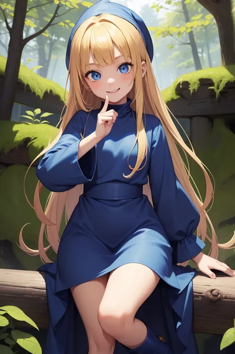 masterpiece, taller than,Very detailed, Absurd, witch, 8-year-old, girl,  alone, Blonde, Long Hair,  blue eyes, Blue Boots, Blue clothes, Long sleeve,Have,in the forest,  ojou-sama pose,smile,Open your mouth,