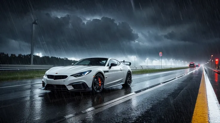 The endless road、storm、Heavy Rain、Raging Wind、Luxurious sports car