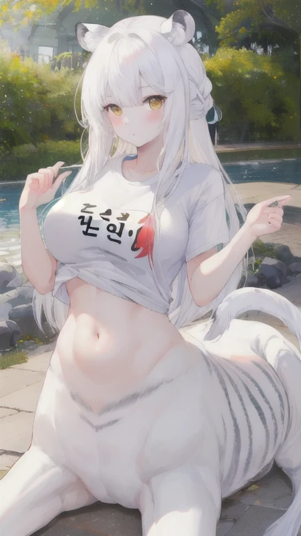 (best quality, masterpiece), 1 girl, centaur, It takes, White skin, Korean  , exposing the abdomen,belly button t-shirt, 아름다운 소녀 perfect white tiger photo, perfect white tiger photo