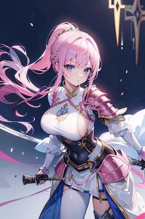 4K,high resolution,one woman,ผมpink,long ponytail,braid,blue eyes,big breasts,princess,princess騎士,knight armor,full armor,princessのティアラ,decorative ornaments,long sword,Paladin&#39;shield of,Medieval town, big breasts,Show your breasts,The cracks are clear....