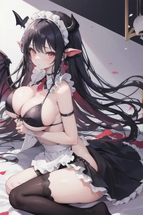 10th Generation,A beautiful woman,Beautiful breasts,Moe,Succubus,bat wings on the back,,Cow horns on the side of the head,Peach front tie bikini top,Ruffled apron dress,Headdress,Maid,Black knee socks