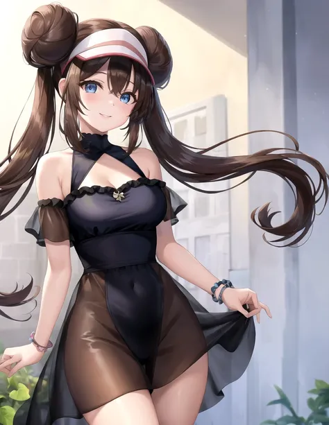 (masterpiece:1.3), (absurdres:1.3), (best quality:1.3), (ultra-detailed:1.3),(best shadow:0.7), (handled hair), perfect anatomy, 1girl, solo, rosa(pokemon), double bun, visor cap, hair bun, long_twintails, brown hair, blue eyes, hair between eyes, large br...