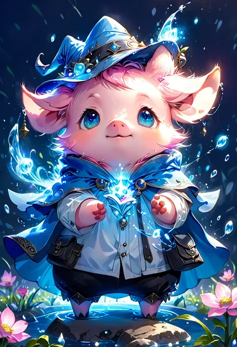 absurdres, highres, ultra detailed, HDR, master piece, small pig, pink pig , expressive blue eyes, magical hat, cute, best quality, blue moon, flowers, fantasy, magical, solo, water, blue shining fireflies, blue petals, cape, the word "Krozseria" is writte...