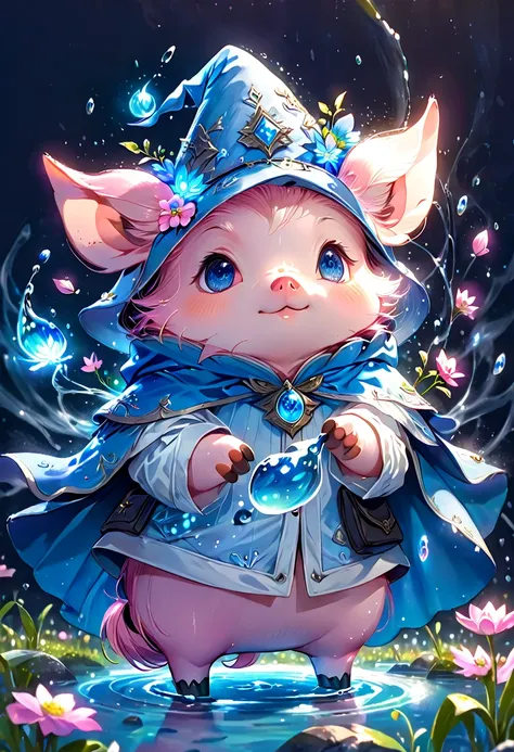 absurdres, highres, ultra detailed, HDR, master piece, small pig, pink pig , expressive blue eyes, magical hat, cute, best quality, blue moon, flowers, fantasy, magical, solo, water, blue shining fireflies, blue petals, cape, the word "Krozseria" is writte...