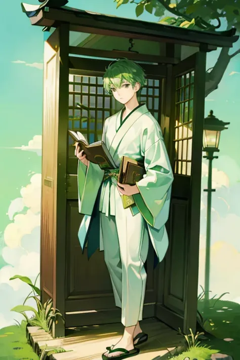 One Man、Standing man、Green Hair、Short Hair、Wearing a shirt、Wearing Japanese clothing、Wearing sandals、Wearing a cloak、I have a book