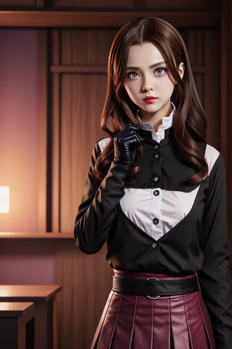 Persona of Kimetsu no Yaiba. light brown hair girl, with violet eyes and thin pupils, with red lips, and short black clothes, With black skirt and black gloves.