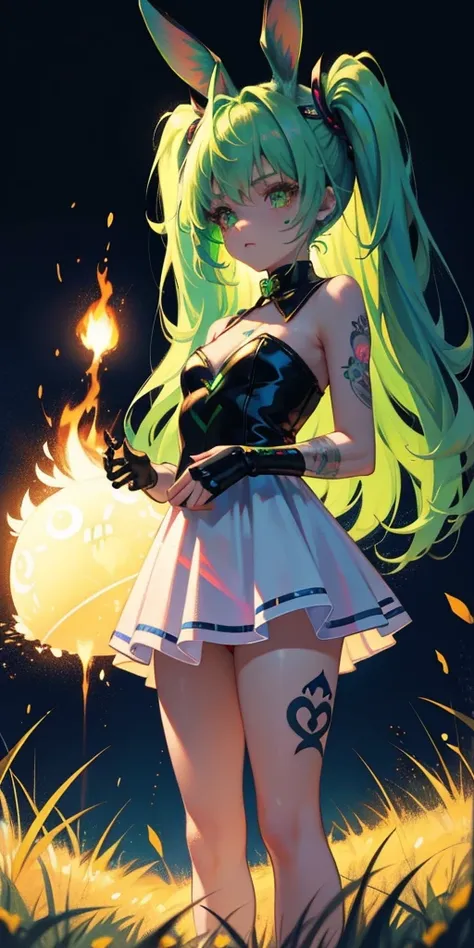 Rabbit technique , Science Fiction, Fluffy , 
1 girl, Tattoo, Glowing tattoo, Glowing eyes, Colorful glowing hair , Full body love, Green Hair,
  Kawaiitech, Soft colors, Kawaii, Lovely colors,