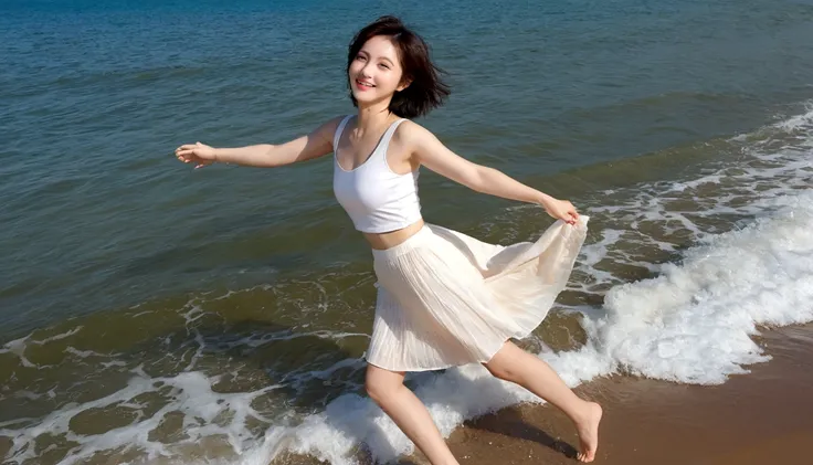 sunset on the beach，바다에 잔광이 비치네sunset on the beach 붉은 태양，A strong lingering scent is reflected in the sea., Beautiful 36-year-old short Korean woman, Chest size 34 inches, Wear sleeveless, light skirt. beautiful pretty woman look , wearing a light skirt , ...