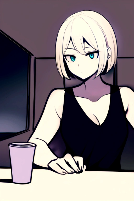 (Realist、high resolution:1.3)、1. Girl in perfect shape、Super thin face and eyes、short hair、Vest:1 piece（random color）.2、Short jeans、Gym、Coffee on the table、huge 、Cleavage exposed