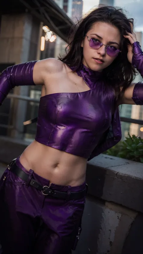 (masterpiece), (photorealistic1.4), (1 girl), (solo), (best quality), (epiCRealLife), (Kate Bishop long hair), (sleeveless top), (kateb2023 black utility belt), (kateb2023 purple costume), (purple pants) (kateb2023 purple sleevless bodysuit), (kst3w),(whit...