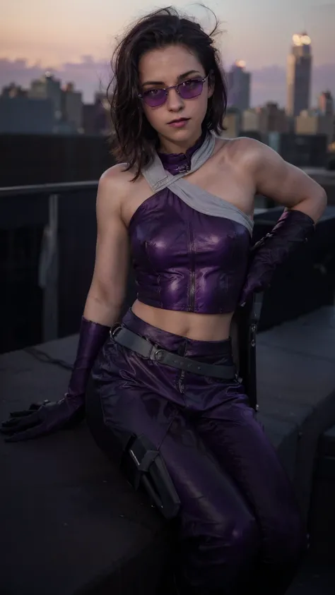 (masterpiece), (photorealistic1.4), (1 girl), (solo), (best quality), (epiCRealLife), (Kate Bishop long hair), (sleeveless top), (kateb2023 black utility belt), (kateb2023 purple costume), (purple pants) (kateb2023 purple sleevless bodysuit), (kst3w),(whit...