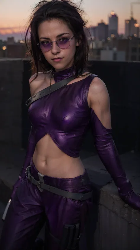 (masterpiece), (photorealistic1.4), (1 girl), (solo), (best quality), (epiCRealLife), (Kate Bishop long hair), (sleeveless top), (kateb2023 black utility belt), (kateb2023 purple costume), (purple pants) (kateb2023 purple sleevless bodysuit), (kst3w),(whit...