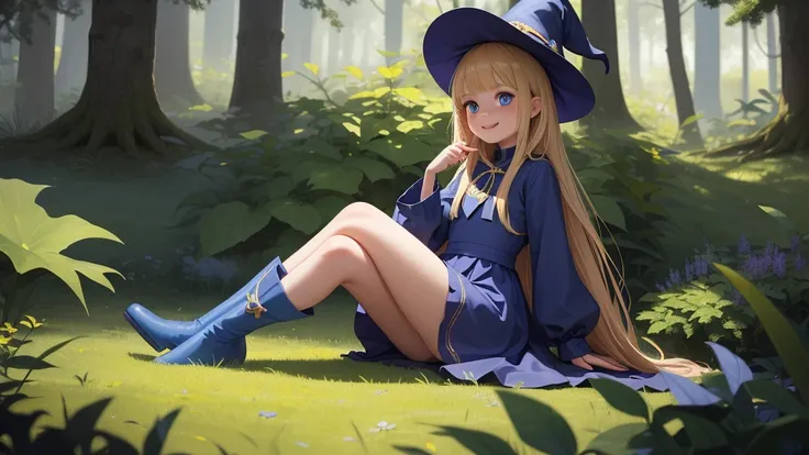 masterpiece, taller than,Very detailed, Absurd, witch, 8-year-old, girl,  alone, Blonde, Long Hair,  blue eyes, Blue Boots, Long sleeve,Have,in the forest, smile,Open your mouth,