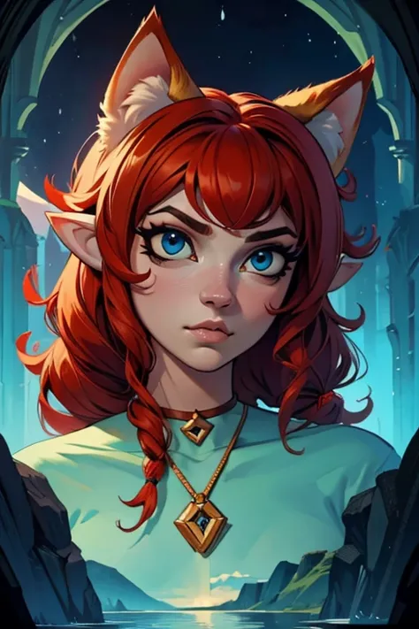 surreal beautiful crazy elf, curly red hair, face detailed, pointy cat ears,  pointy long nose, hd, 8k