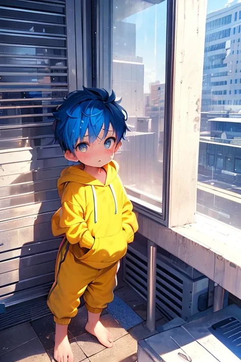 1 Little boy with blue hair and shiny bright cyan eyes and barefoot and small feet wearing a yellow oversized hoodie and Sweat pants sitting on a window ledge, Blushing, young, boy, , small, , Small feet, (Sweat pants:1.4), (young:1.4), (child:1.4), (Shota...