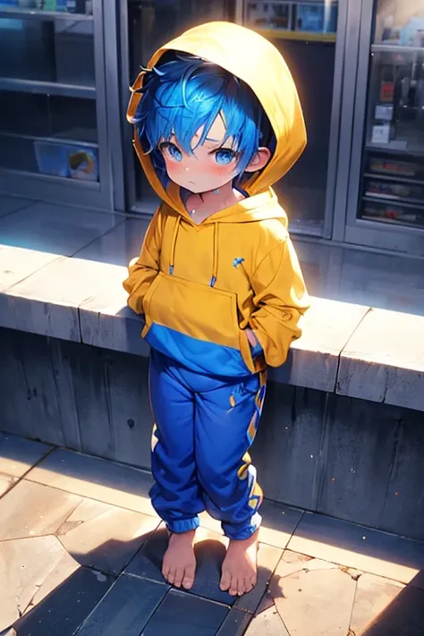 1 Little boy with blue hair and shiny bright cyan eyes and barefoot and small feet wearing a yellow oversized hoodie and Sweat pants sitting on a window ledge, Blushing, young, boy, , small, , Small feet, (Sweat pants:1.4), (young:1.4), (child:1.4), (Shota...