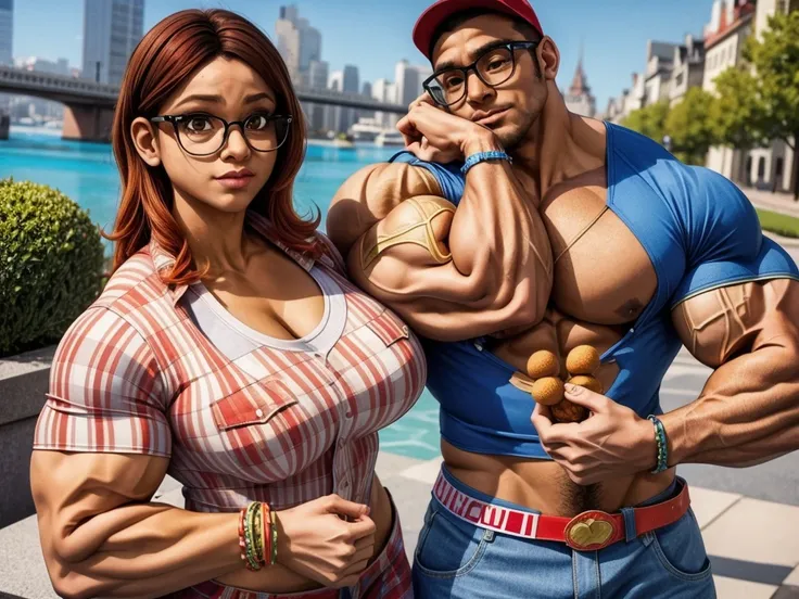 male Nino Lahiffe: Brown skin, dark hair, usually seen wearing a red cap, glasses,underwear, and a female Alya Césaire: Brown skin, curly dark brown hair, often wears glasses,bikini,muscular hyper-realistic bodybuilding couple, extremely detailed and muscu...