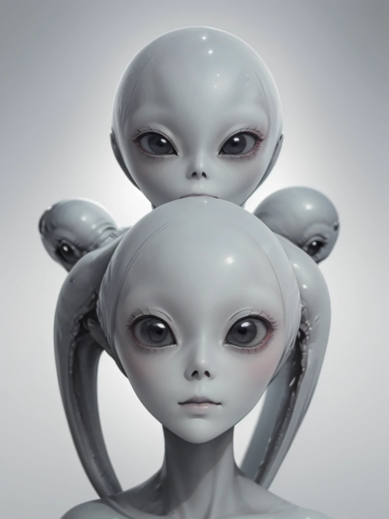 (((Masterpiece))), (high quality),(one alien girl:1.2), 15 years old,(innocent smile),(big light black eyes:1.5),5 heads,(Skinhead,Gray aliens,Large, dark, almond-shaped eyes,:1.5),(No hair, no whites, no ears:1.5),Wearing a silver body-fitting suit,Plain ...