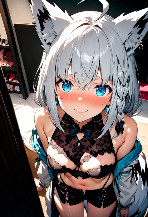 NSFW,masterpiece,Highest quality,High resolution,Super detailed,Shirakami Fubuki(Hololive),Gray Hair、One-sided braid、Ahoge、Earrings,Fox ears,Fox tail,Jacket,Crop top,Shorts,Embarrassed,blush,Expecting face,Seduce,smile,Lingerie Shop,Sexy lingerie store,Dat...