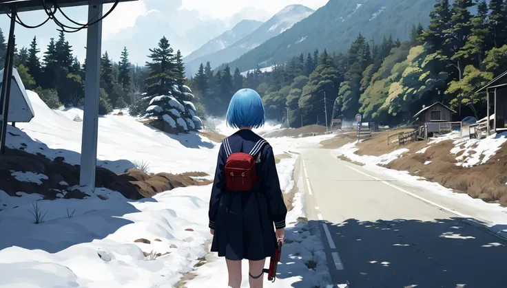 girl、alone,Temporarily stop, whole body, Sailor suit、Holding a handgun、Dim mountain road、Anime illustration