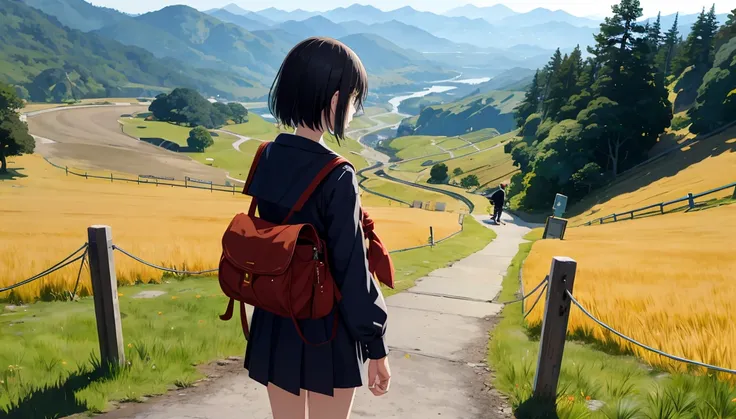 girl、alone,Temporarily stop, whole body, Sailor suit、Holding a handgun、Dim mountain road、Anime illustration