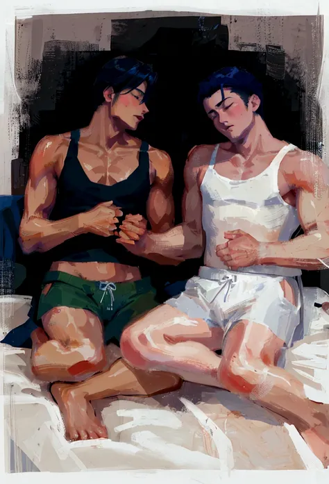 Two men lying on a bed and holding hands one is a slim toned Japanese guy in black tank top and the other Mexican guy in white tank top and stocky asleep in a bed with white sheets romantic sweet love 