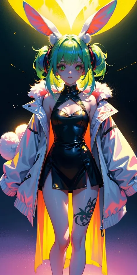 Rabbit technique , Science Fiction, Fluffy , 
1 girl, Tattoo, Glowing tattoo, Glowing eyes, Colorful glowing hair , Full body love, Green Hair,
  Kawaiitech, Soft colors, Kawaii, Lovely colors,