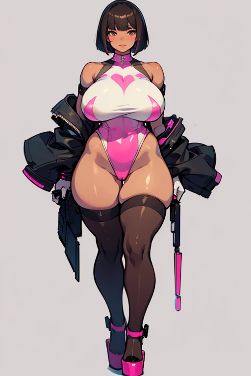 young woman, thick hips, thick thighs, platform heels, pink high cut leotard, very huge breast, thin waist, Bob cut hair, Brown skin, very Big thighs, sleves, shoulderless, stockings, standing, front pose, cyberpunk,