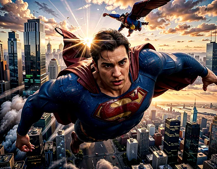 (highres, realistic:1.37), superman flying over a bustling city, vibrant colors, detailed cityscape, detailed clouds, strong bac...