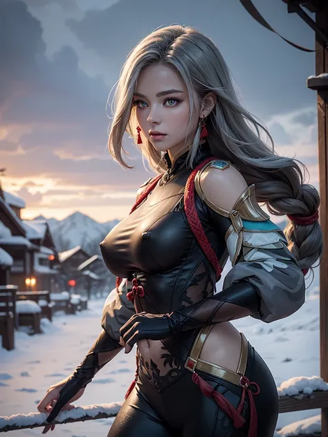 shenhedef, upper body, seductive look, blush, outdoors, snowflake scenery, looking at viewer, cloudy, moody lighting, (perfect detail eyes:1.2), glowing eyes, (long hair one braid:1.2), elemental skill effect, (Masterpiece, Best Quality, High Quality:1.4),...