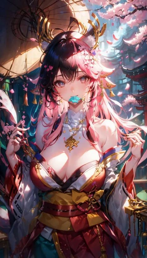 yae Miko, 1 girl, n/, animal ears, bare shoulders, Blush, chest, cherry blossoms, gag, arms separated, earring, flower, fox ears, gem, hair between the eyes, decorationsผม, Raise your hand, Japanese clothes, decorations, kimono, long hair, look at viewer, ...