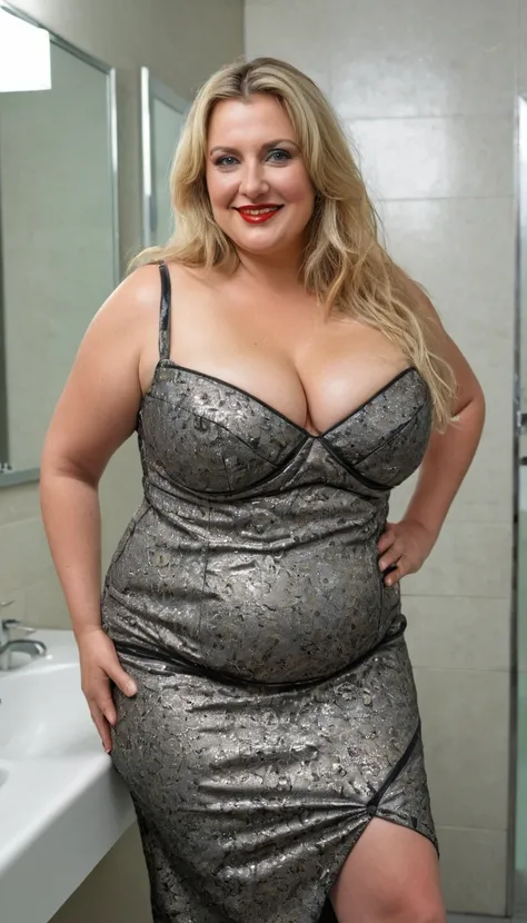 40 years old mature Caucasian fat woman wearing a party dress inside public bathroom, cleavage, long straight blonde hair, big hips, standing up, full body picture, chubby, bbw, trick thighs, make-up, lipstick, serious, Very detailed, High resolution, Mast...