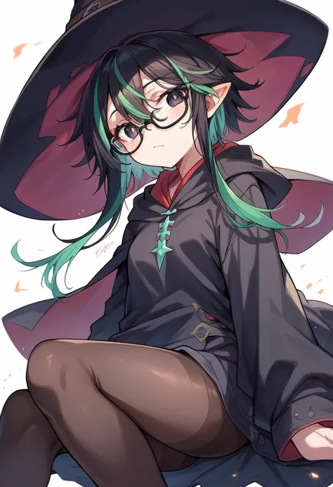 best quality, masterpiece, super high resolution, perfect anatomy, 1girl, black hair, green highlights, short hair with long locks, gradient_hair, messy hair, hair between eyes, sidelocks, black eyes, demon eyes, red pupils, small breasts, black hoodie, wi...