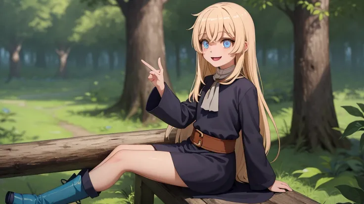 masterpiece, taller than,Very detailed, Absurd, witch, 8-year-old, girl,  alone, Blonde, Long Hair,  blue eyes, Blue Boots, Long sleeve,Have,in the forest, smile,Open your mouth,