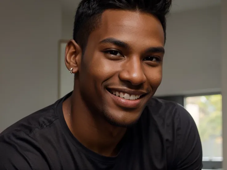 Young tall black young man, masculine gay look, violet t shirt, bust portrait, portrait photo, smiling, smiling, white teeth, muscular bust.  Short  close cropped black stubble. One earing